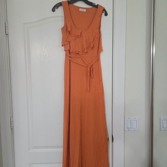 calvin klein orange maxi dress Calvin Klein Women White Orange Floral Flutter Sleeve Maxi Dress Size 14W